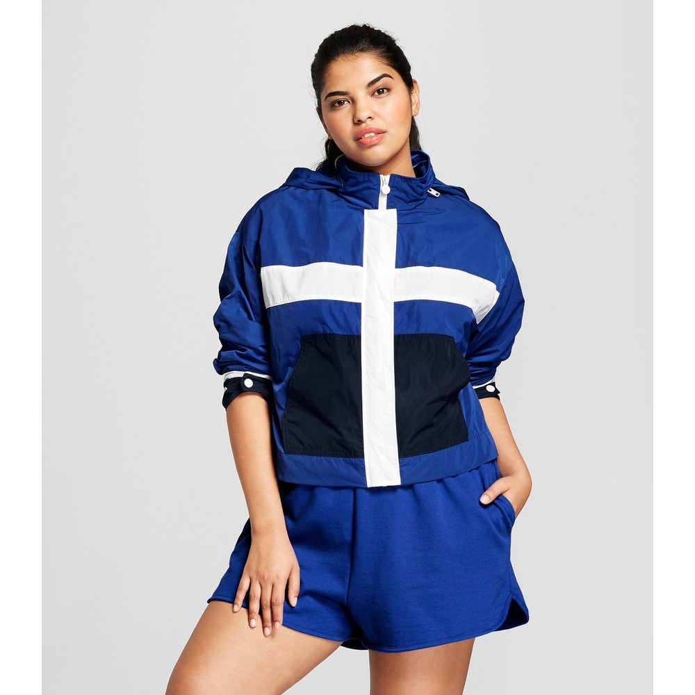 Hunter for Target Blue Colorblock Hooded Windbreaker Jacket XL Women